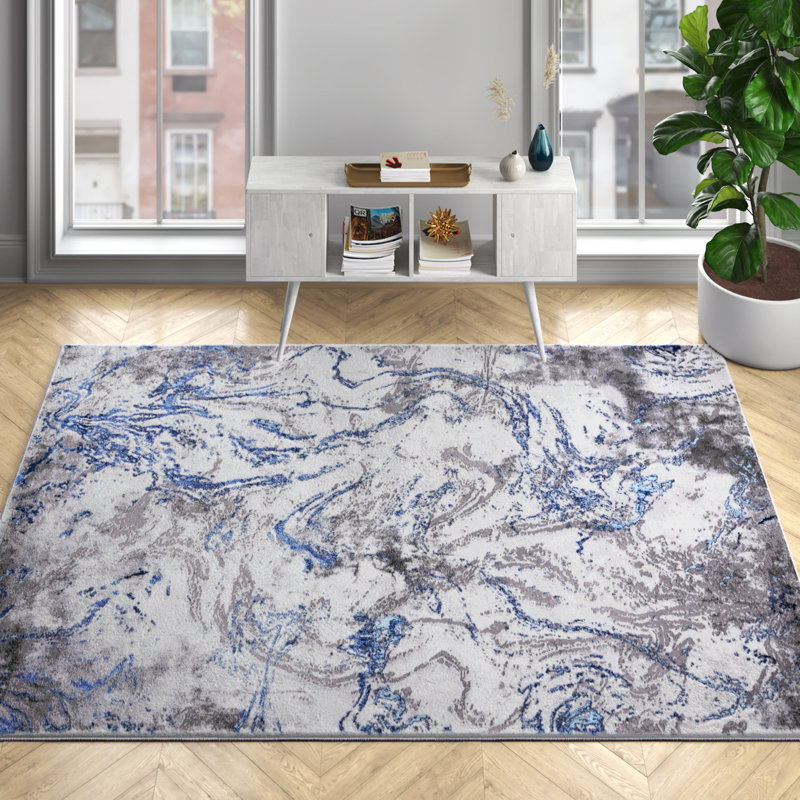 Tapis abstrait gris / bleu Prevatte, Rectangle 6 pi 7 po x 9 pi