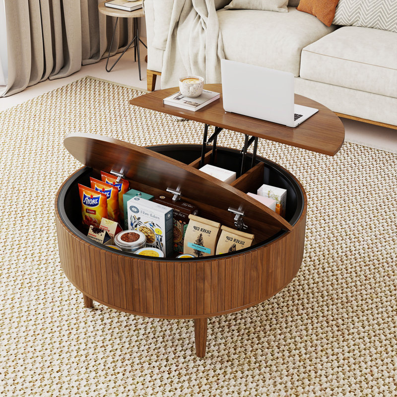 Fluted Round Lift Top Coffee Table With Storage, Adjustable Height Cocktail Table For Living Room, Walnut