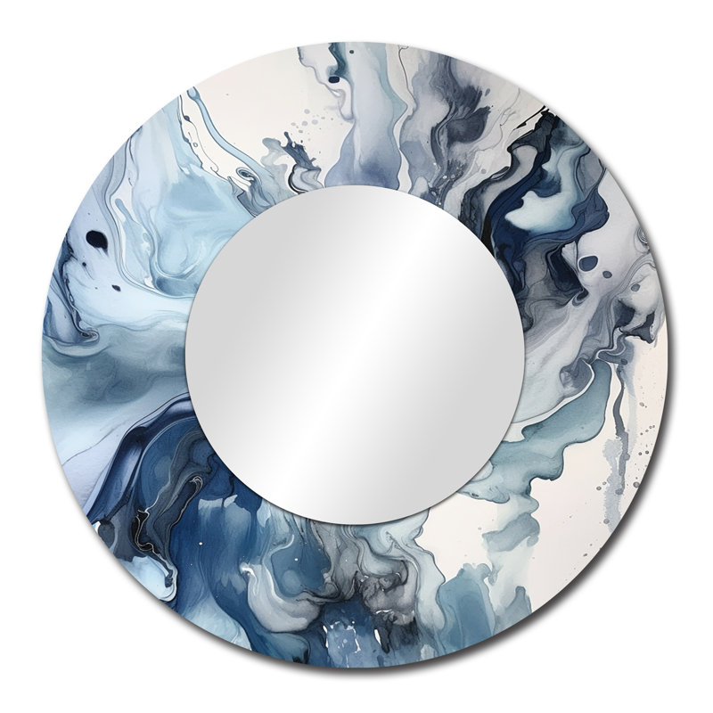 Bleu et gris Elixir II éthéré - miroir décoratif abstrait, miroir mural rond moderne, impression d'art en métal
