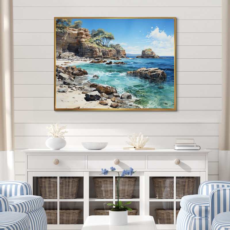 Rocky Beach Majestic Cliffs I - Nautical & Beach Wall Decor, H 34 po x l 44 po x P 1,5 po, Cadre flottant doré