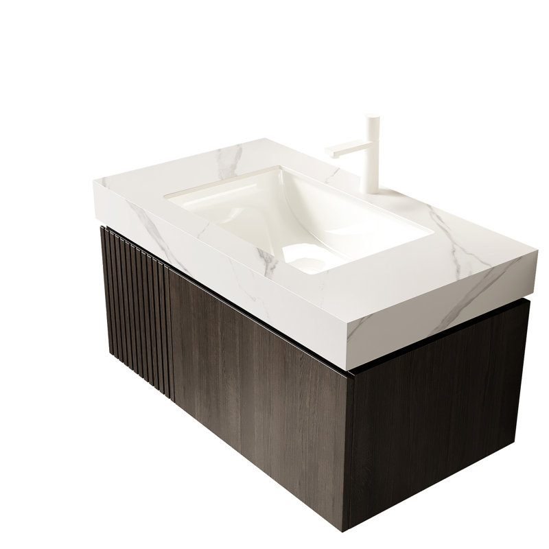 Comptoir en pierre frittée blanche de 91,4 cm (36 po) avec lavabo encastré en céramique, un trou pré-percé pour robinet, résistant aux hautes températures et à l'eau, profondeur de 91 cm (35,81 po), hauteur de 21,7 cm (8,51 po).