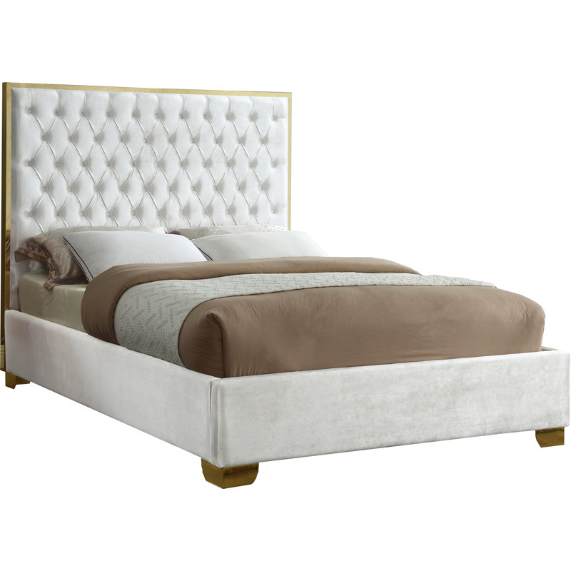 Spadaro Upholstered Platform Bed, King, White Velvet, Gold