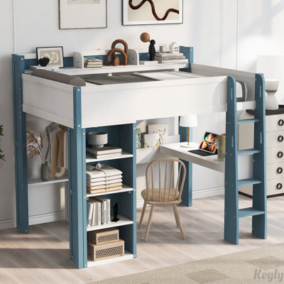 Lit mezzanine en bois avec tablettes de rangement intégrées, tringles à vêtements et bureau