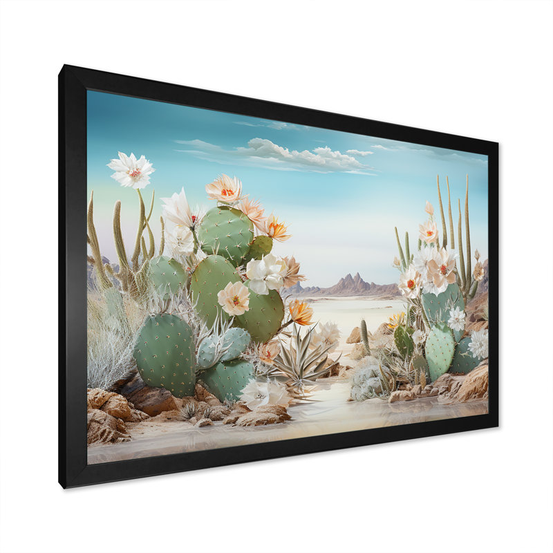 Collage de cactus sur la plage sur toile, Cadre simple noir, H 30 po x l 40 po x P 1,5 po