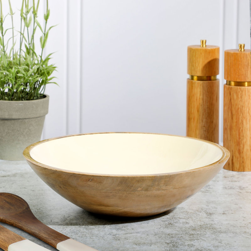 Laurie Gates 12 Inch Enameled Mango Wood Serving Bowl and Serving Utensils in White and Brown