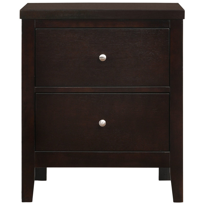Table de chevet 2 tiroirs couleur cappuccino avec finition brun riche, bois massif et, pour chambre à coucher, 26,24 po de hauteur, 21,59 de largeur, 15,05 de profondeur, structure, hauteur, largeur, profondeur