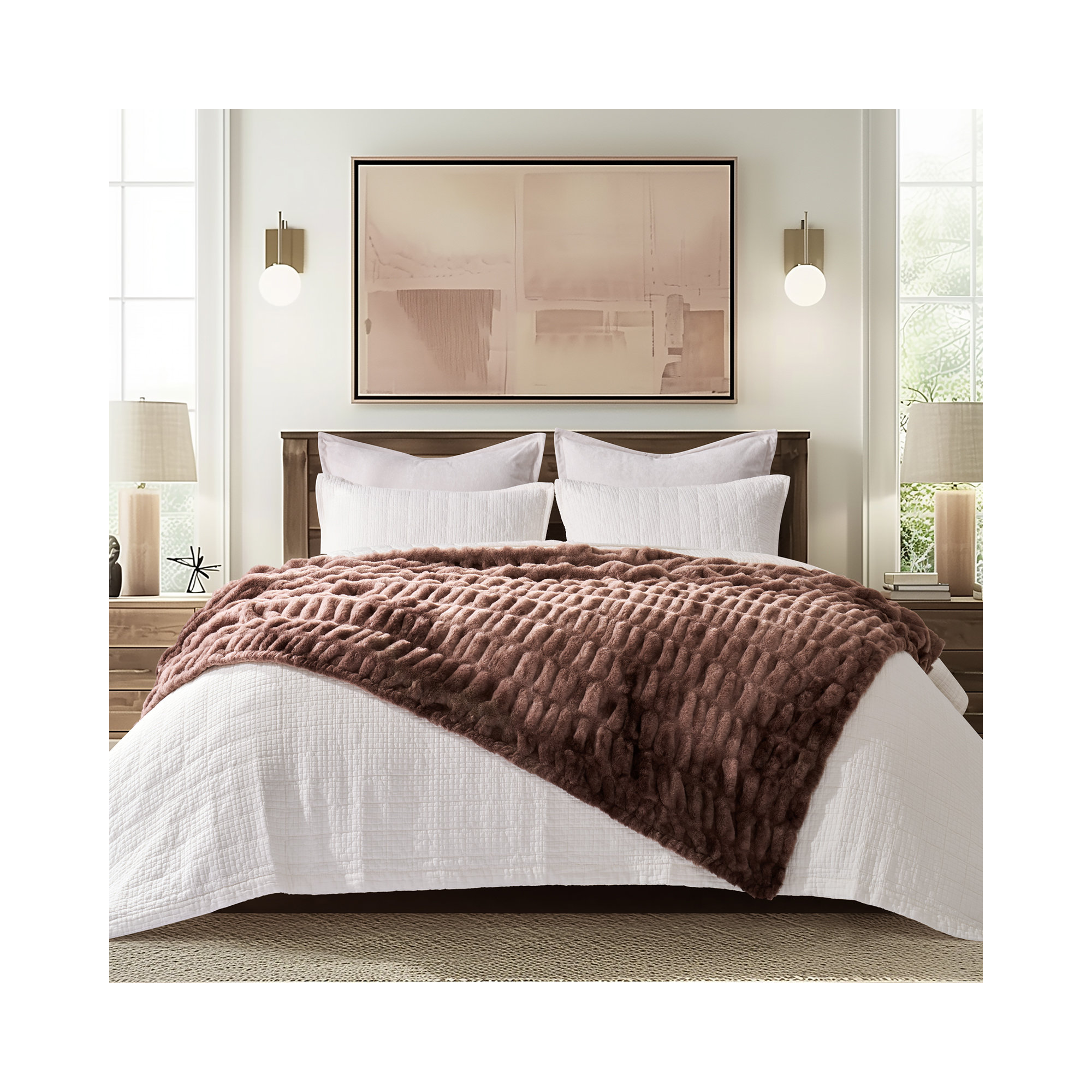 Ruched Bubble Faux Fur Throw Blanket, Mocha Brown, 50" W x 60" L