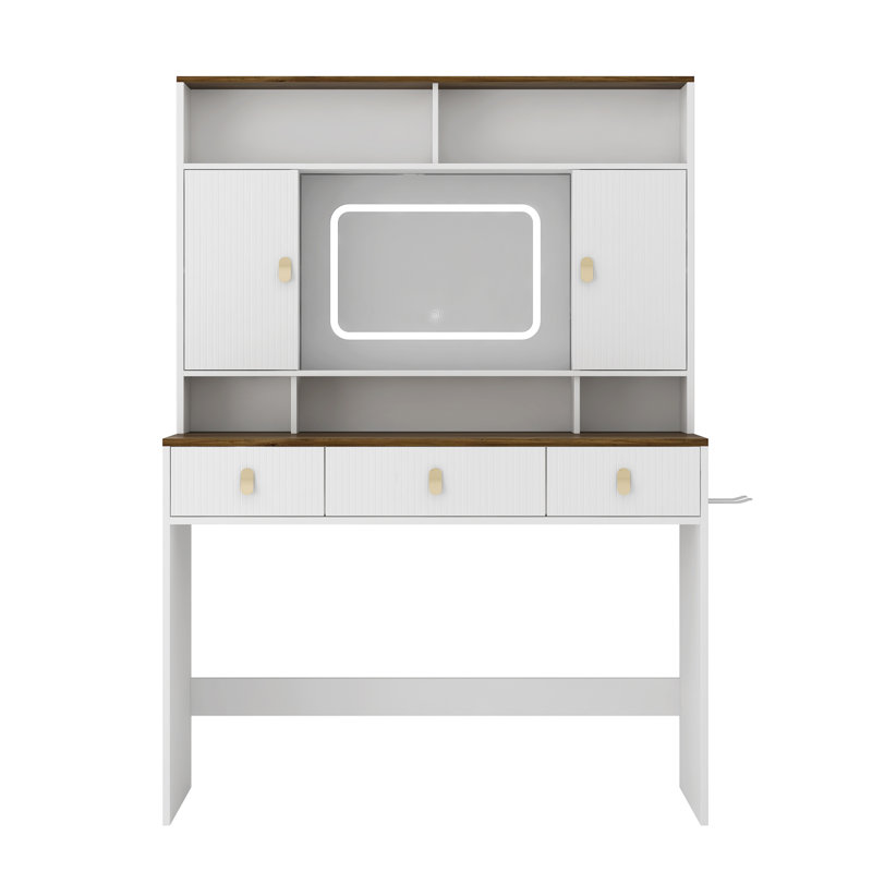 Table de maquillage Farmhouse, coiffeuse de 43 po de large avec miroir éclairé et tiroir de maquillage, grande coiffeuse moderne avec porte-séchoir pour chambre à coucher, blanc