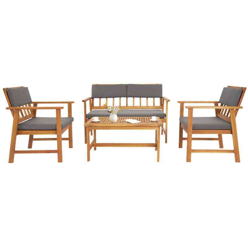 Ensemble de conversation en bois massif avec coussins 4 pièces Semion