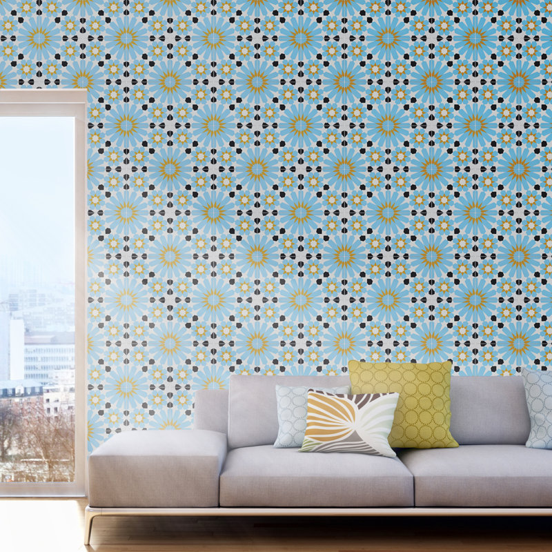 Agdal 8" x 8" Cement Patterned Wall & Floor Tile, Blue/Yellow/Black