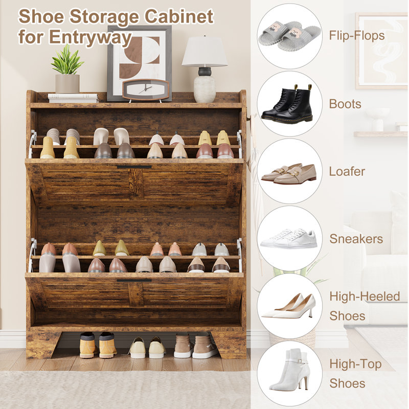 Farmhouse Shoe Cabinet for Entryway, Slim Shoe Storage Organizer with 2 Flip Down Drawers & Hooks, Narrow Wood Hallway Cabinet for Small Spaces, Apartments
