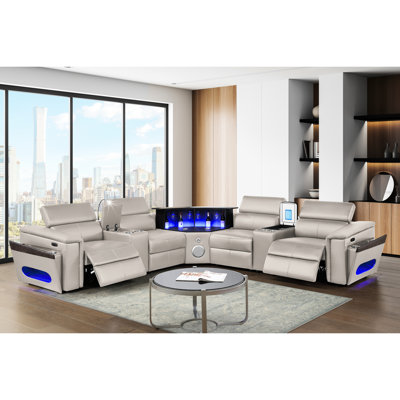 Canapé modulaire gris en forme de L moderne avec 2 consoles de lecture + réfrigérateur, coin haut-parleur, barre à DEL, 4 sièges, mi-ferme, robuste, accoudoirs carrés, similicuir, cadre en bois, base de recharge sans fil,