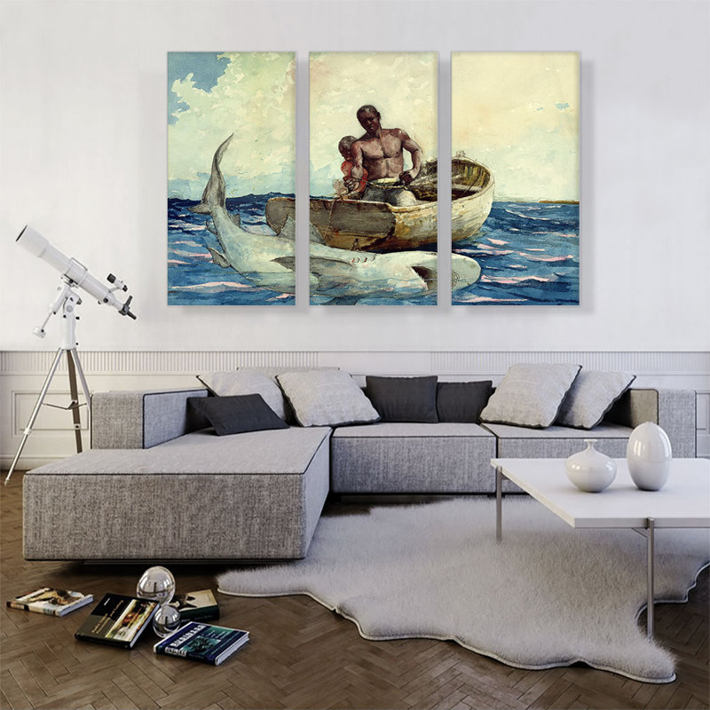 Requin pêche 1885 - 3 pièces, H 40 po x l 60 po x P 0,75 po