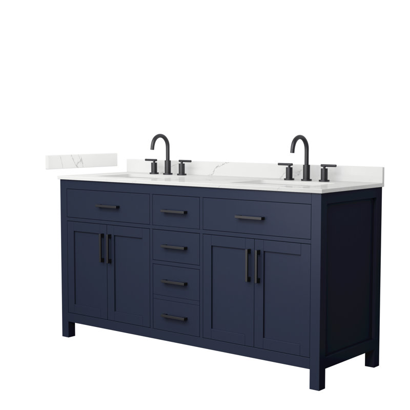 Beckett 66" Freestanding Double Bathroom Vanity with Quartz Top, Matte Black, Dark Blue, Giotto Quartz