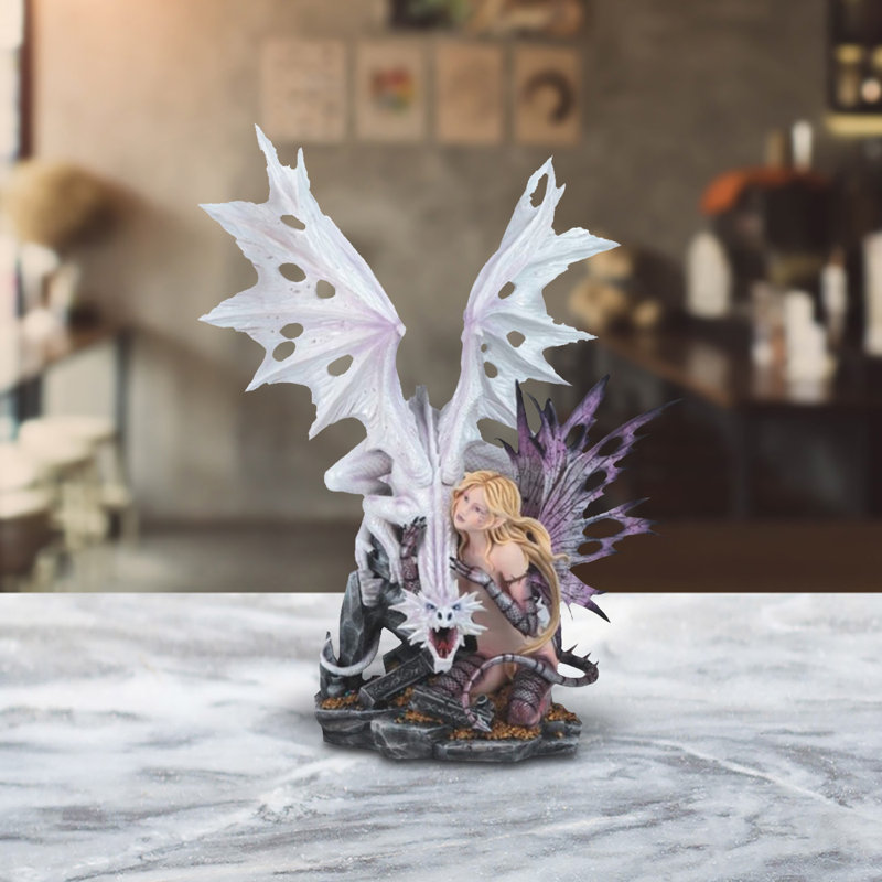 24"H Angel Fairy with White Dragon Statue Fantasy Decoration Figurine Large Sculpture