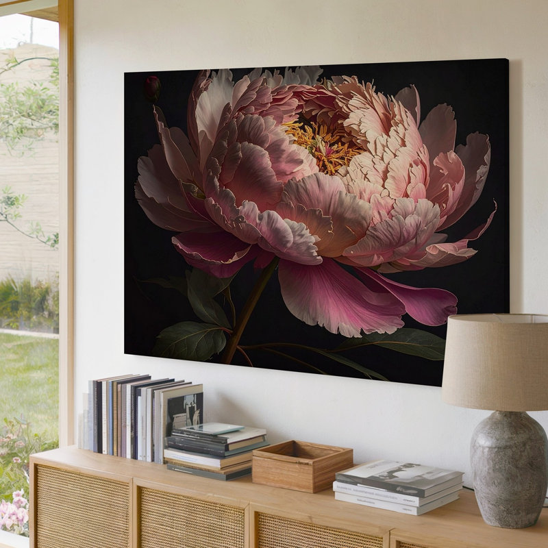 Art mural pivoine rose dans l'obscurité, H 9 po x l 12 po