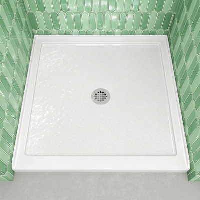 34" W x 34" D Single Threshold Acrylic Shower Base with Center Drain, Fiberglass-Reinforced Shower Pan, Glossy White Shower Base with Integrated 3-Sided Tile Flange for 3-Wall Alcove Installation