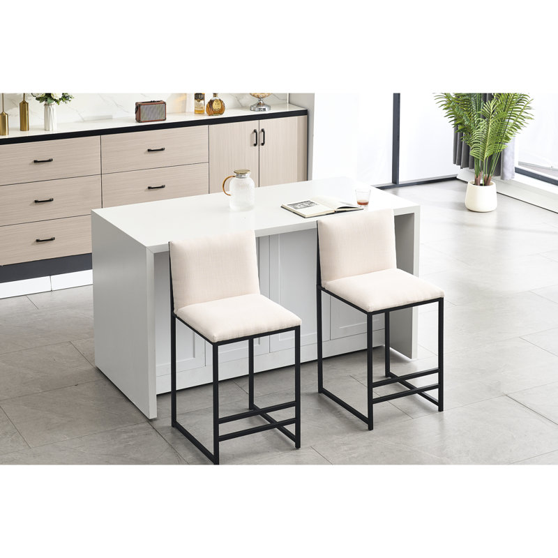 Ensemble de 2 tabourets de bar à hauteur de comptoir, chaises de bar rembourrées en lin, repose-pieds et structure en métal pour la cuisine, la salle à manger - ivoire