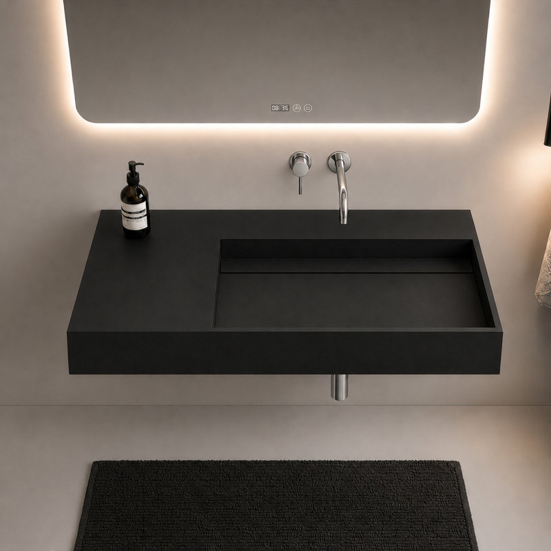 Lavabo de salle de bain mural rectangulaire 36 po avec drain dissimulé Juniper - noir, sans trou de robinet, Noir, Aucun trou