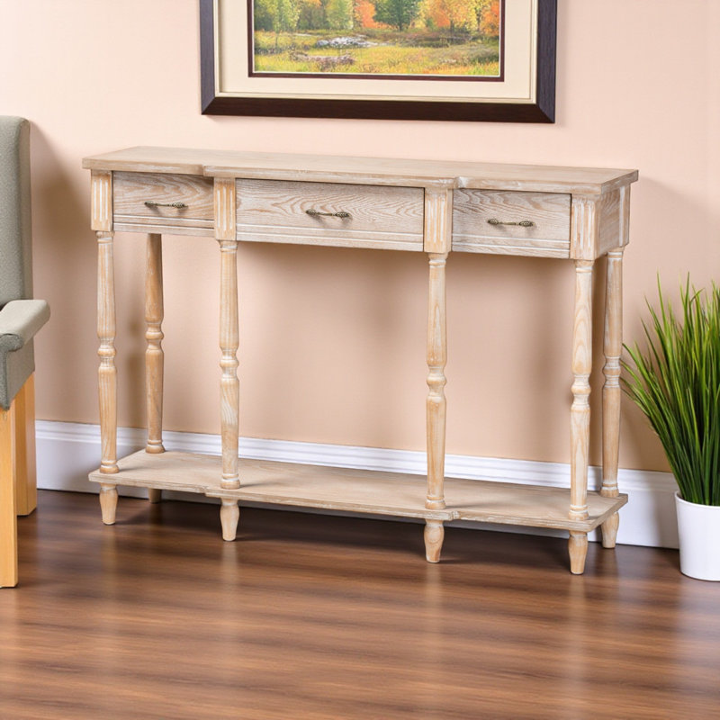 Vesta 3 Drawer Console Table in Rustic Whitewashed Oak Brown Finish, 33.67" H X 47.79" W X 12.88" D