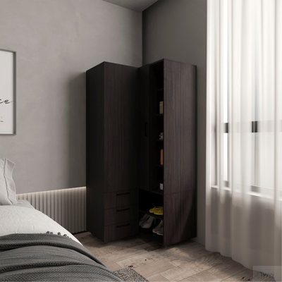 Armoire de coin Toulouse avec portes doubles et tablettes intérieures, garde-robe compacte, noir