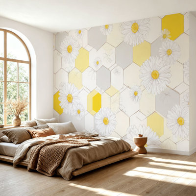Papier peint adhésif mural jaune et blanc à motif floral hexagonal auto-adhésif à motif de marguerites décoratives murales pour salon, chambre à coucher H 69 po x l 96 po
