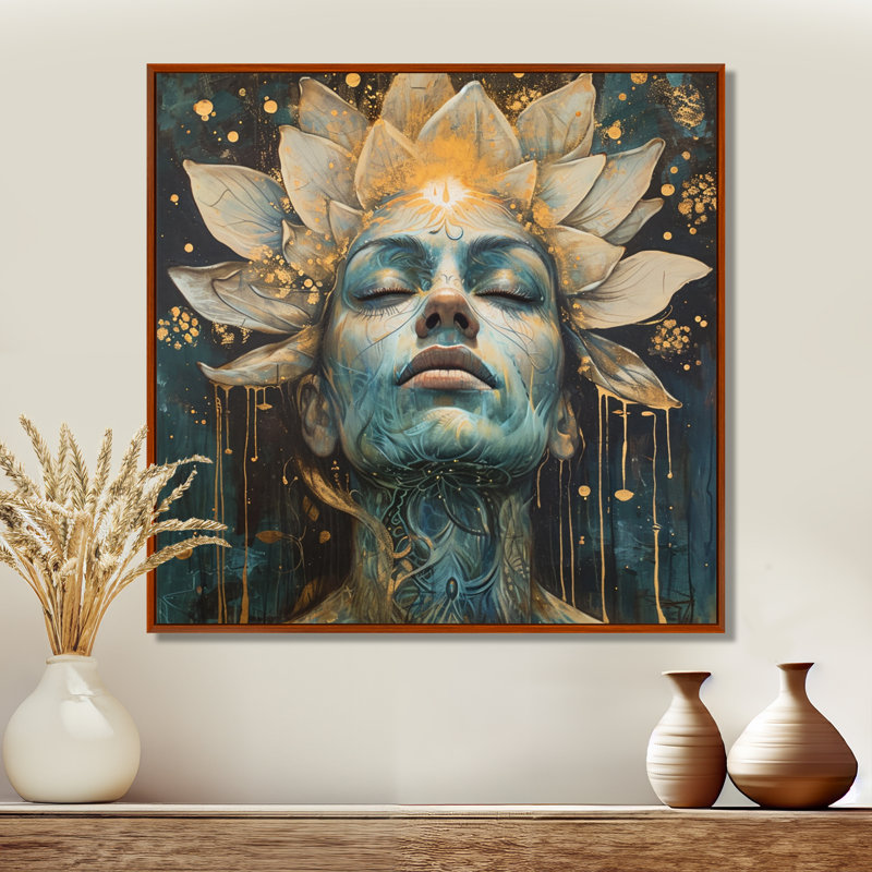 «Awakening Blue Lotus Woman», impression d'art mural, Cadre flottant brun, H 16 po x l 16 po