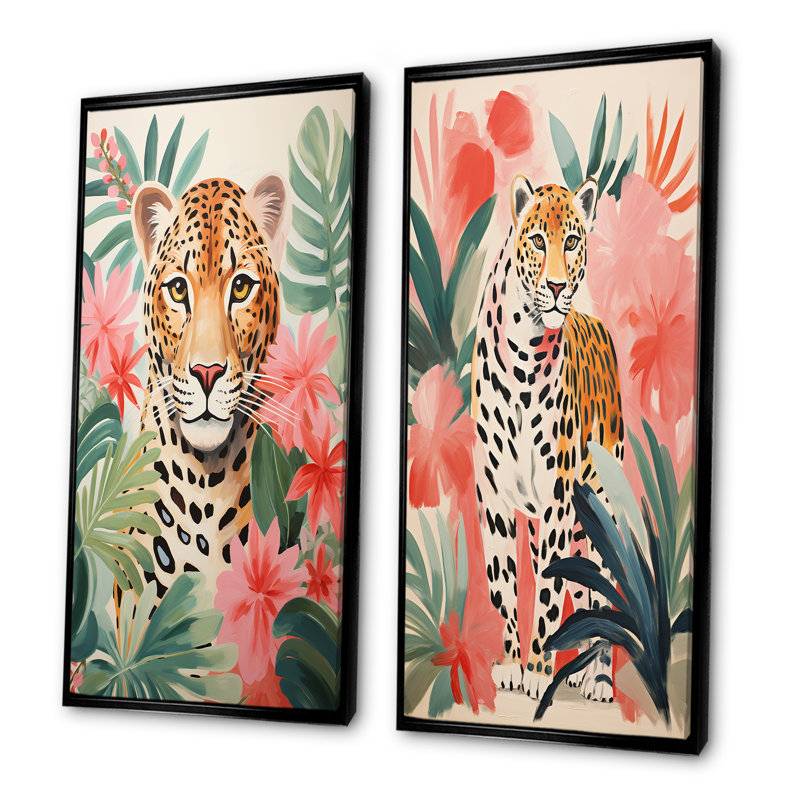 Léopard vert et rose dans la jungle I - ensemble de 2 impressions sur toile léopard, Cadre noir, H 32 po x l 33 po
