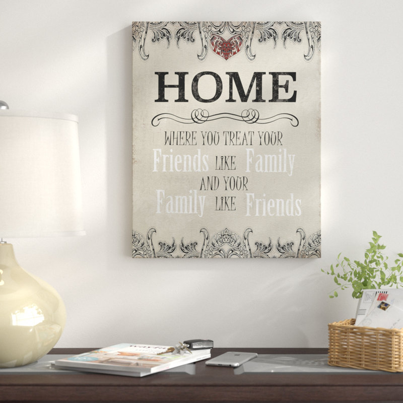 « home », art textuel sur toile tendue, H 16 po x l 20 po x P 1,5 po