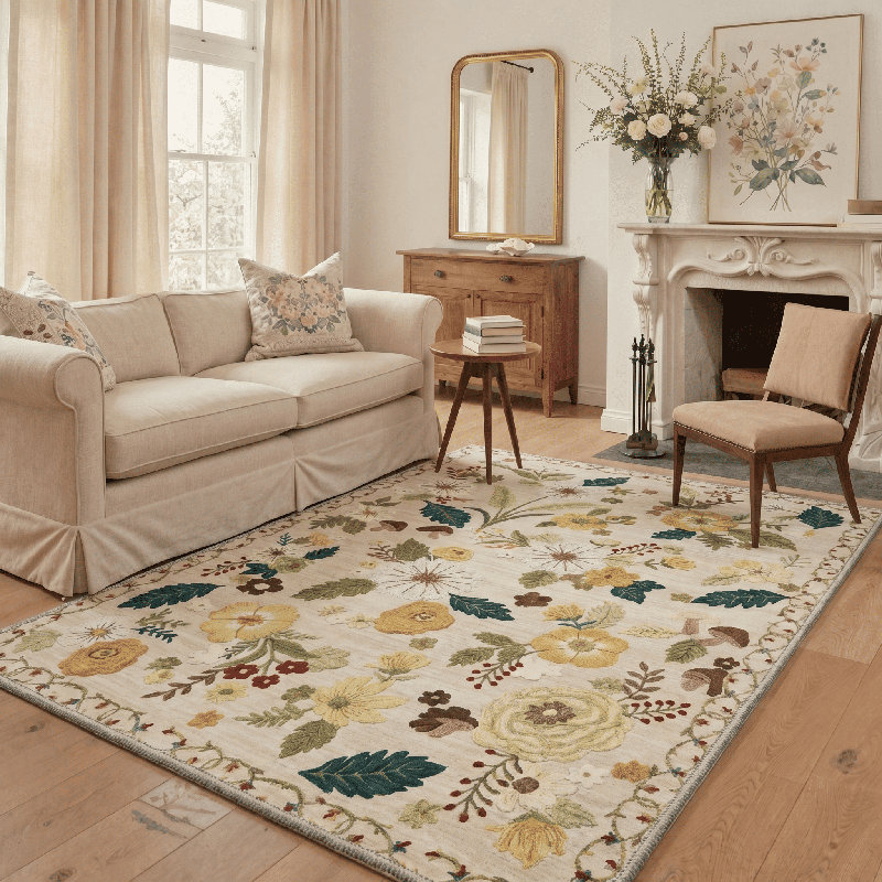 Cogswell Floral Poppy Machine Washable Begie/Green/Yellow Indoor Area Rug With Non-Slip Backing, Rectangle 9' x 12'