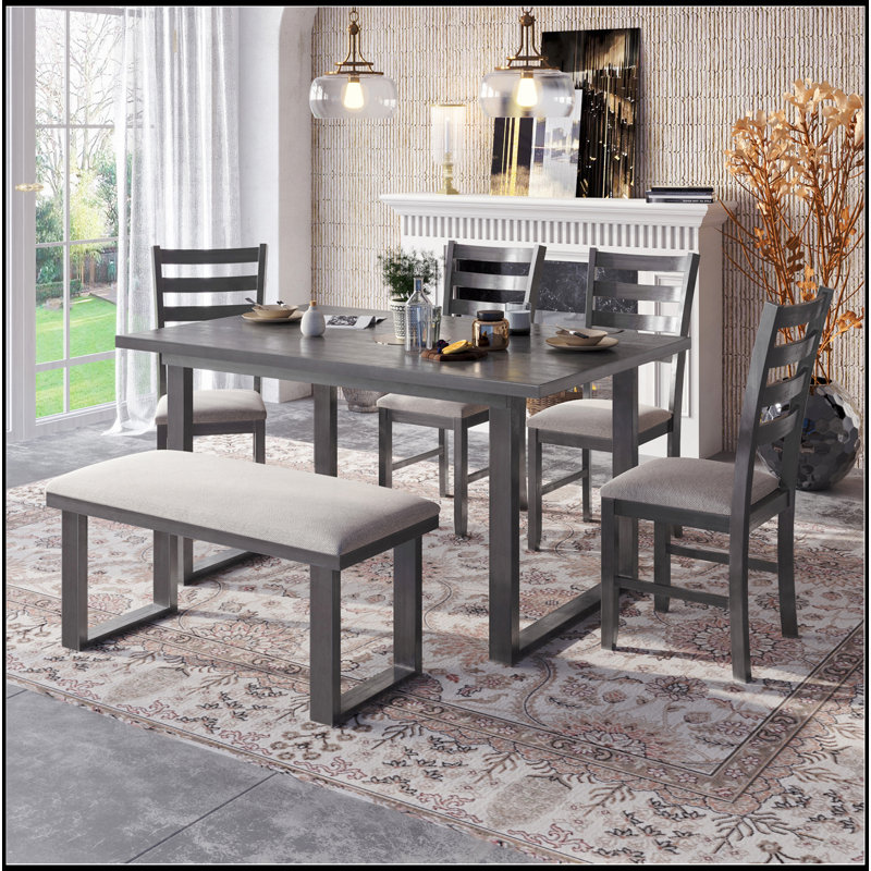 Ensemble de salle à manger en bois massif 6 pièces avec table rectangulaire et 4 chaises avec banc (gris)