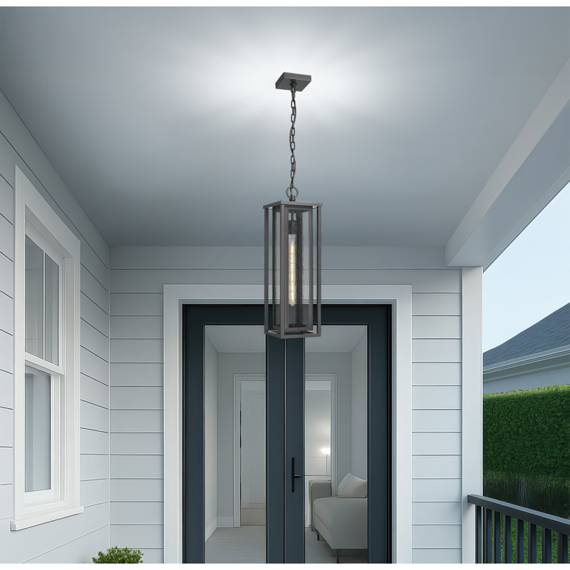 Ashland 7" 1-Light Matte Black Coastal Outdoor Hanging Latern Pendant With Seeded Glass, Seeded