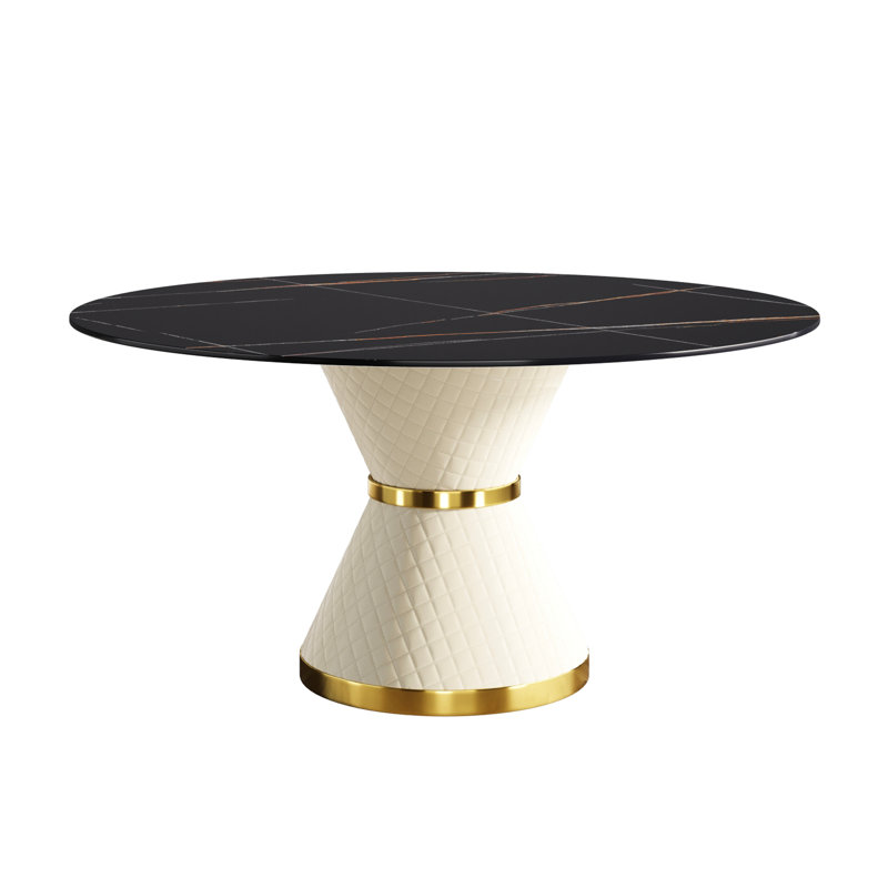 Table de salle à manger ronde en pierre frittée avec base stable en acier au carbone noir pour 6 banquets