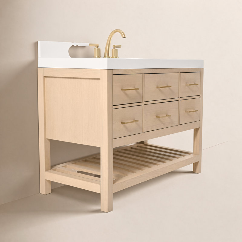 Ensemble de meuble-lavabo simple 48 po Carrie, Chêne / or rose, Quartz blanc pur