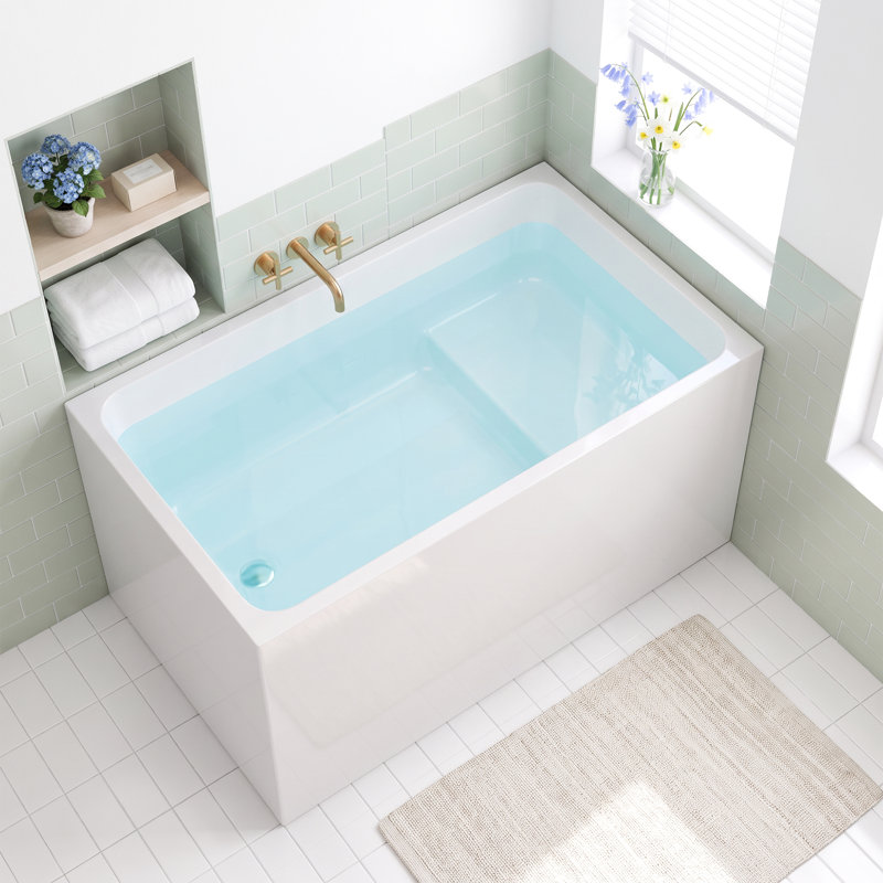 Baignoire rectangulaire autoportante contemporaine en acrylique (119 cm x 71 cm) avec siège intégré, profondeur d'immersion, bonde escamotable, trop-plein chromé, blanc brillant