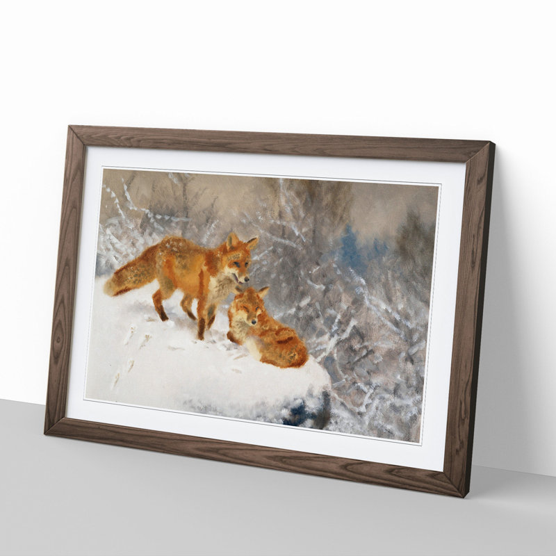 Two Foxes by Bruno Liljefors - Picture Frame Painting, Walnut Framed, 27cm H x 36cm W x 2cm D