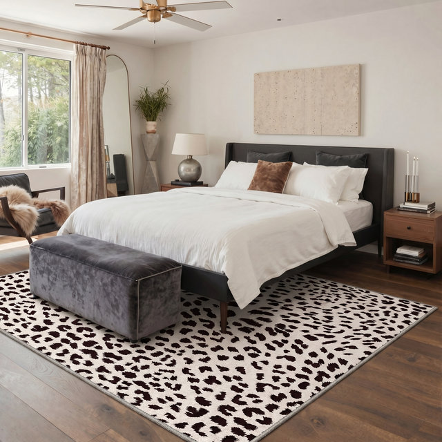 Tapis léopard blanc lavable à la machine avec envers antidérapant, Rectangle: 9 pi x 12 pi