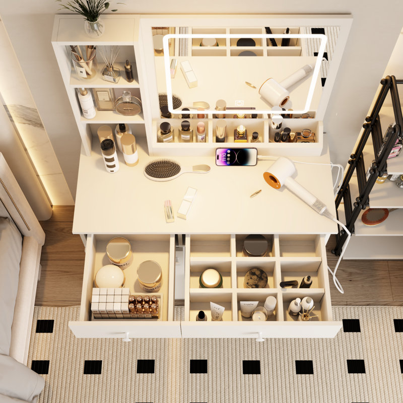 Bureau de coiffeuse avec miroir et éclairage - luminosité réglable, espaces de rangement multiples blancs