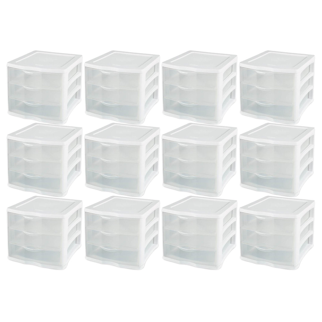 Sterilite Clear Plastic Stackable Small 3 Drawer Storage System, White (Set of 12) Sterilite
