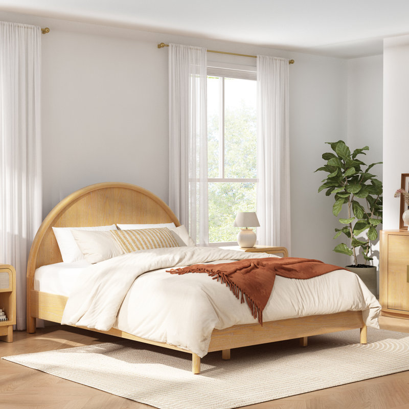 Lit plateforme moderne scandinave avec tête de lit courbée, aucun sommier nécessaire, Grand lit, Naturel