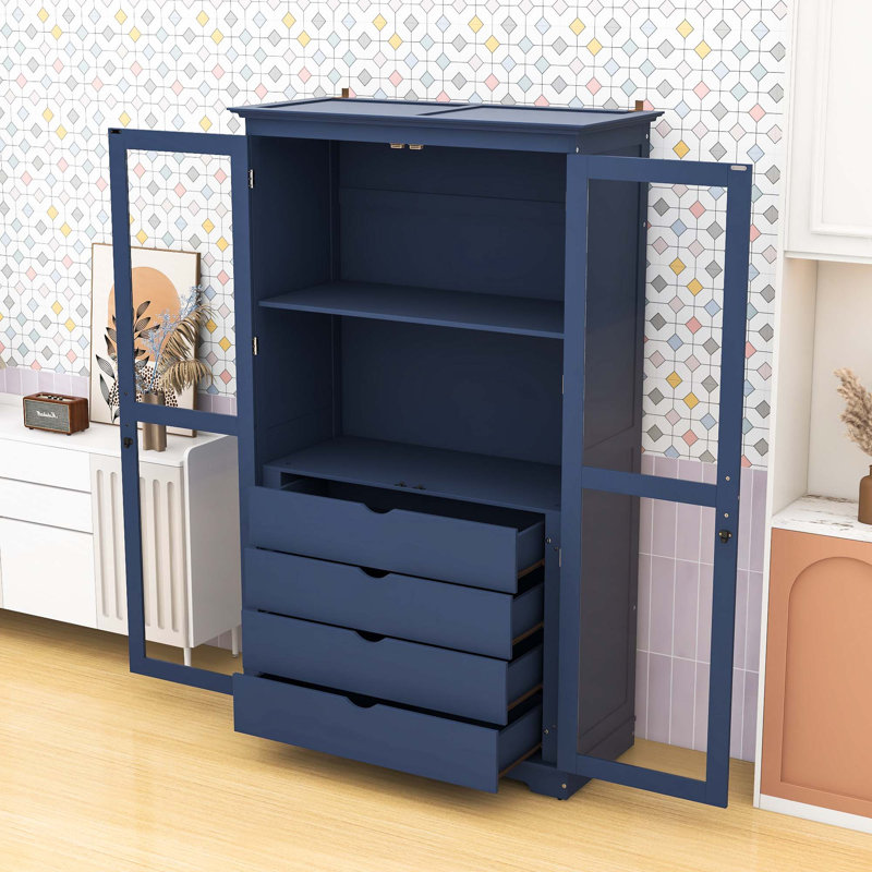 Armoire de cuisine autoportante avec portes en verre, 4 tiroirs et tablettes, Bleu