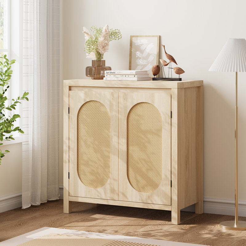 Rattan Storage Cabinet, Wooden Sideboard Buffet Cabinet With Doors And Shelves, Beige