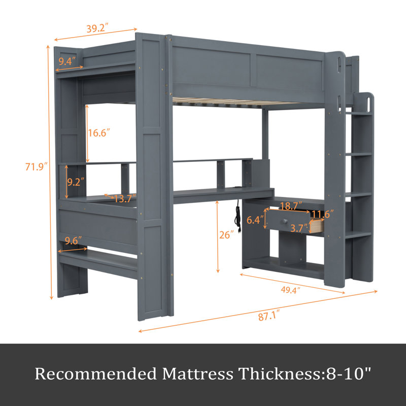 Lit mezzanine en bois avec bureau, tablettes multiples, DEL et station de charge, gris foncé, Simple