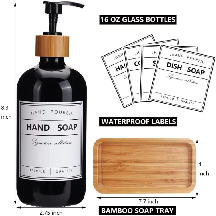 4 Pieces Kitchen Soap Dispenser Set 16 oz Dish Soap Dispenser with Bamboo  Pump Soap Tray and Dish Brush Bathroom Soap Dispenser Set with Waterproof
