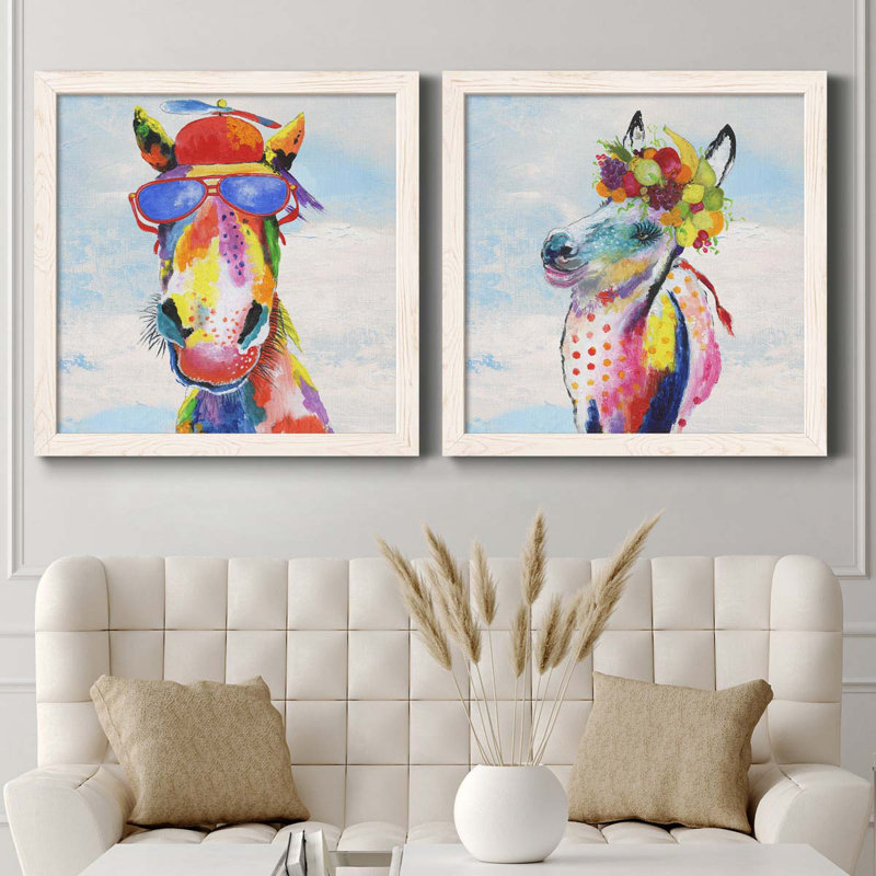 «Groovy Horse And Sky», ensemble de 2 peintures sur toile encadrées, H 35,5 po x l 71 po x P 1,5 po, Cadre blanc