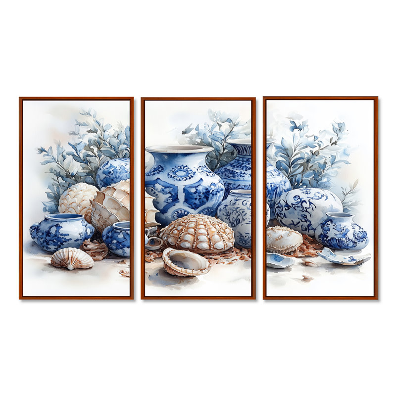 Plage, poterie en tons de bleu et blanc - ensemble de reproduction d'art de poterie de plage, Métal métal