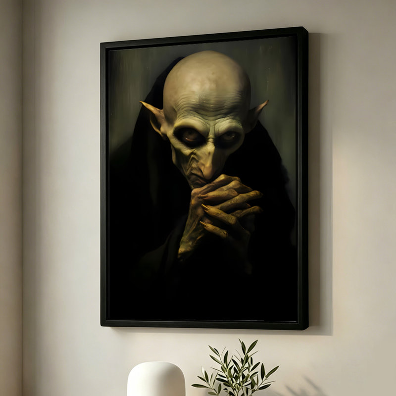 Créature gobelin d'Halloween aux oreilles pointues et aux griffes, tableau sur toile encadré, cadre beige, 40 x 60 cm, 16x24