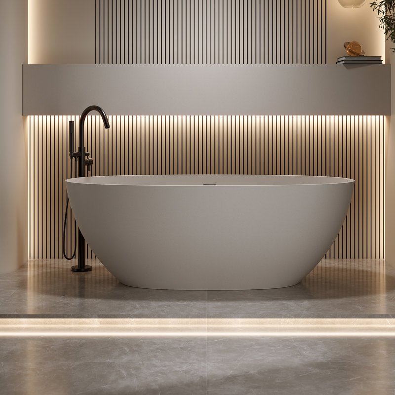 Baignoire de trempage autoportante 71 pouces à surface solide avec trop-plein beige, Beige chaud