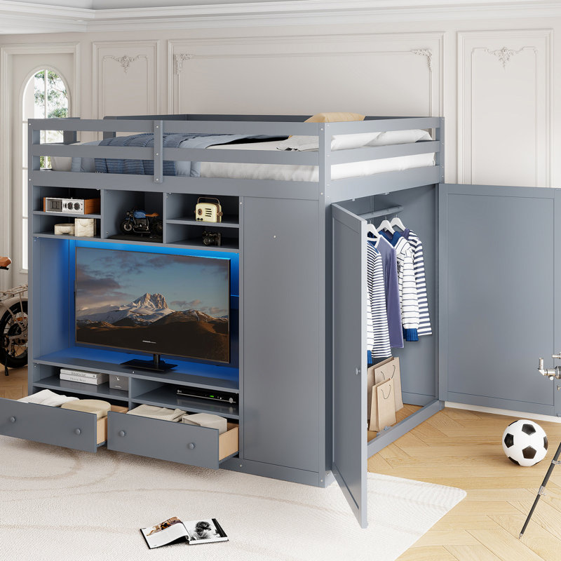Lit mezzanine double gris avec tiroirs, tablettes et garde-robe spacieux pour économiser de l'espace, Gris