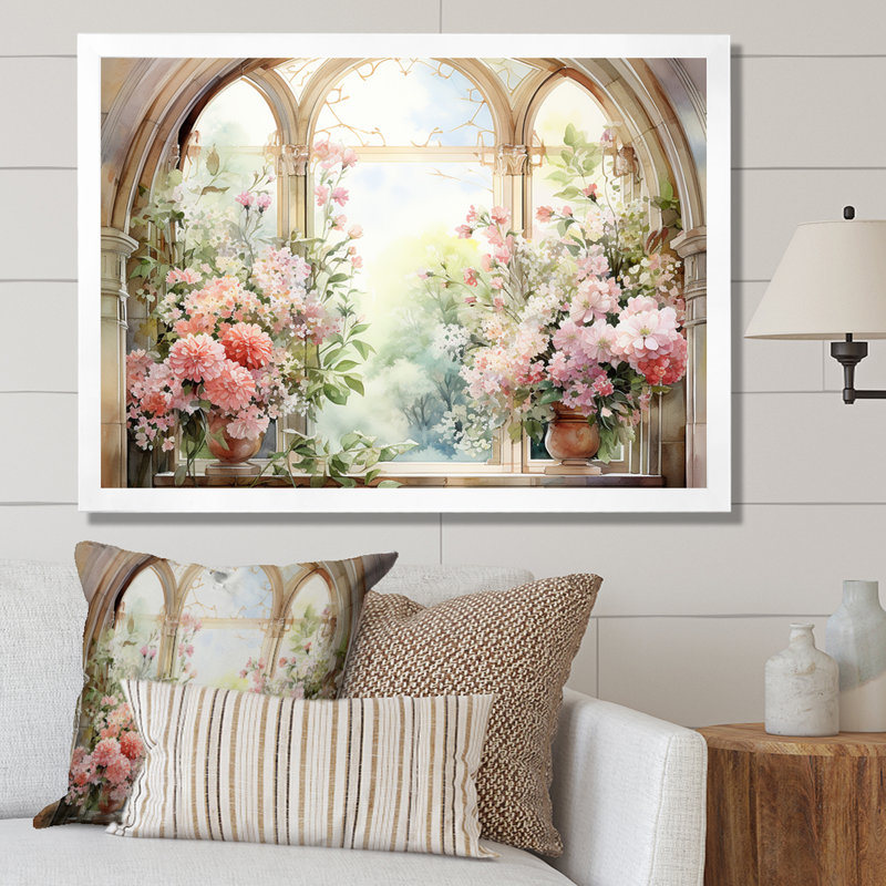 «Pink Blossoming Country Window Gaze V», reproduction d'art sur toile, Cadre de coin blanc fermé